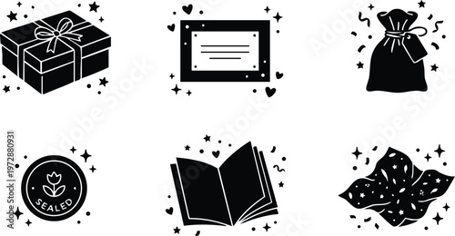 Black silhouette gift box sealed stamp envelope opened book and cloth bag icons