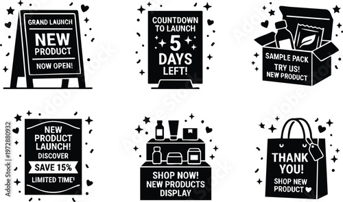 Black and white new product launch promotional signs and packaging icons