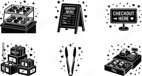Black and white bakery display case menu checkout sign gift boxes tongs and cash register icons