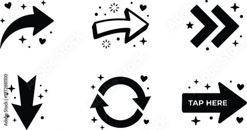 Black and white arrow icons with sparkles and hearts including tap here button and circular arrow vector art