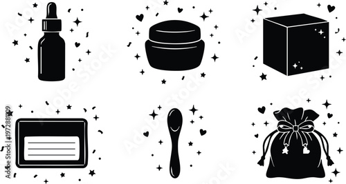 Black and white cosmetic jar dropper soap bar spoon and gift bag vector art icons