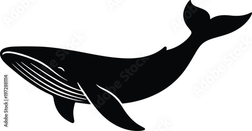 A sleek black silhouette of a humpback whale swimming gracefully