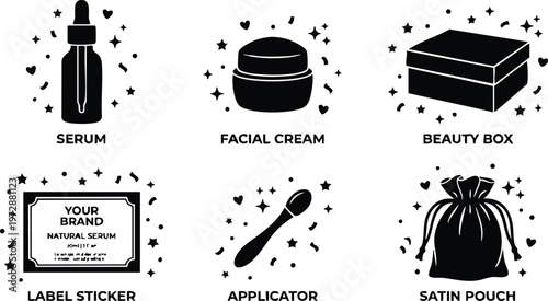 Black and white flat design serum facial cream beauty box label sticker applicator and satin pouch icons