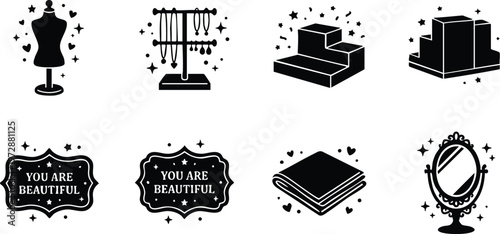 Black and white you are beautiful quote with jewelry mannequin mirror and cloth vector art