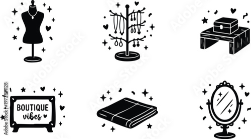 Black and white boutique vibes icons with mannequin jewelry stand mirror and box