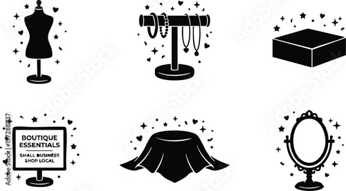 Black boutique essentials icons with jewelry mannequin mirror table and signage