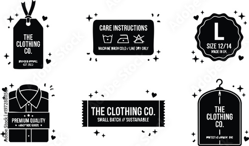 Black and white clothing company tags and care instructions vector art set