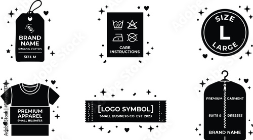 Black and white clothing tag care size and logo symbol vector set