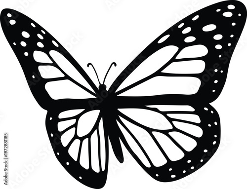 A detailed black and white illustration of a monarch butterfly