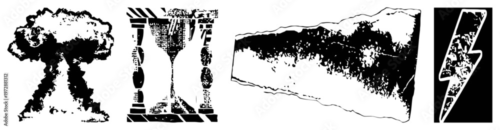 Naklejka premium Set of Grunge Black and White Vector Icons: Explosion, Hourglass, Texture, and Lightning Bolt