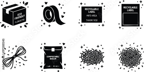 Black and white eco friendly packaging tape compostable mailer and recyclable label icons