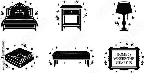 Black and white vintage bed lamp and home decor quote vector art