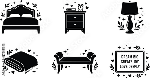 Black and white bed lamp blanket bench and positive quote flat vector art