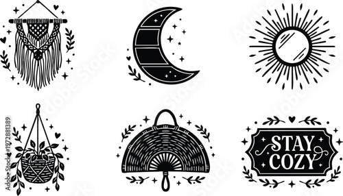 Black and white stay cozy sign with crescent moon sun and macrame wall hanging vector art