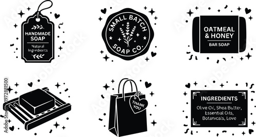 Black and white handmade soap labels with natural ingredients text and decorative hearts and sparkles