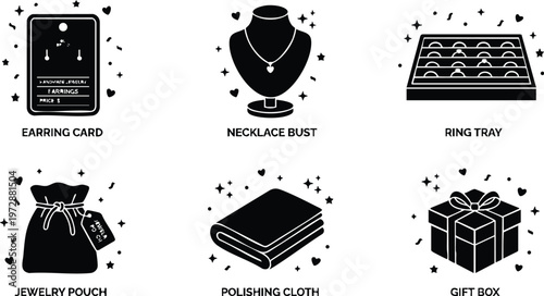 Black and white jewelry display earring card necklace bust ring tray pouch polishing cloth and gift box icons