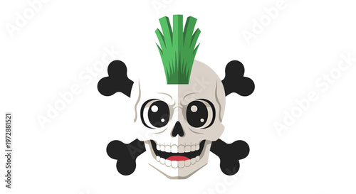 Playful Skull with Green Grass Mohawk Vector Illustration - Cute Cartoon Character with Crossbones for Humorous Design and Rebel Themes