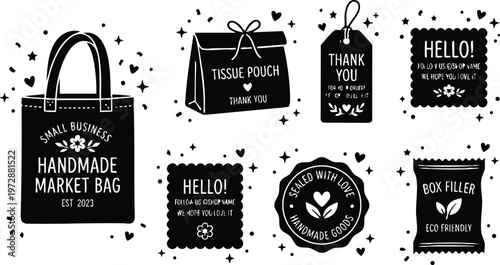 Black handmade market bag and eco friendly packaging labels with thank you text