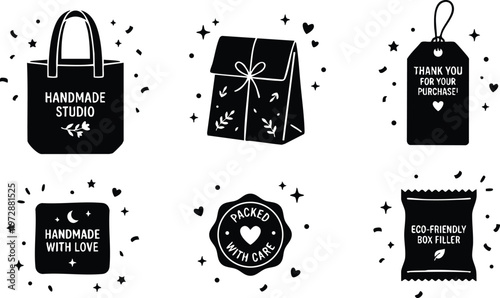 Black and white handmade studio packaging icons with thank you and eco friendly messages