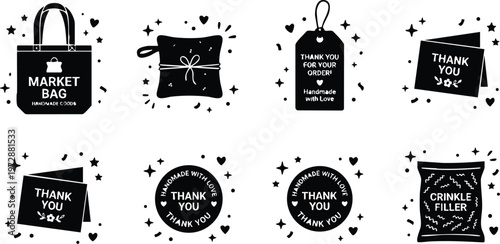 Black and white thank you message icons with market bag pillow and gift tag