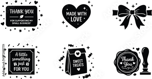 Black and white thank you and sweet treats calligraphic labels with bow and stamp vector art