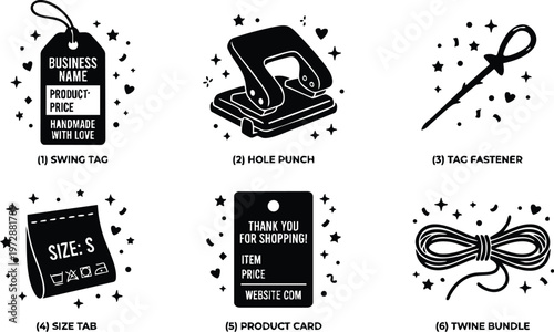 Swing tag hole punch tag fastener size tab product card and twine bundle
