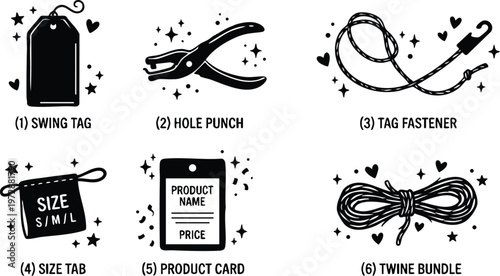 Black and white flat design icons of swing tag hole punch and twine bundle