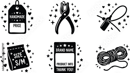 Black and white tags tools and rope icons with stars and hearts vector art