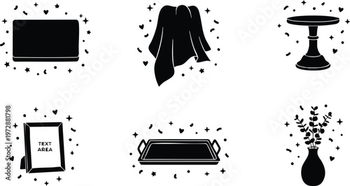Black silhouette kitchen accessories vector art with decorative stars and hearts
