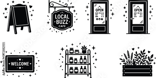 Black and white local buzz cafe signage and welcome board flat design vector art