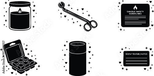 Black and white candle wax melts with scent tester notes and candle safety guidelines vector art