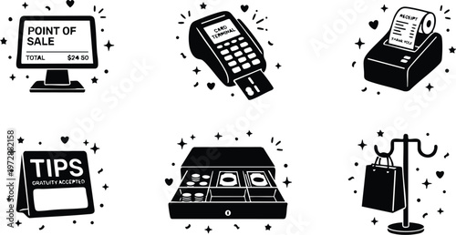 Black cash register tips sign point of sale card terminal and shopping bag vector icons