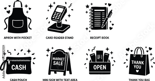 Black and white flat design icons for market sale and cash pouch