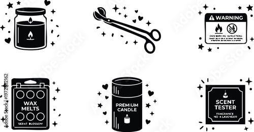 Black and white candle wax melts wick trimmer and scent tester line art icons