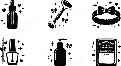 Black and white beauty care icons including serum dropper nail polish and routine notes