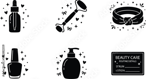 Black and white beauty care icons with serum lotion and facial roller