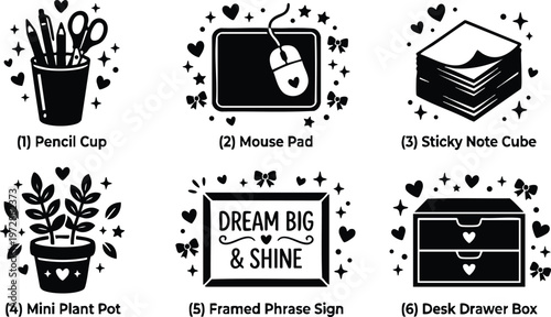 Black and white pencil cup mouse pad sticky note cube mini plant pot framed dream big and shine phrase sign desk drawer box icons