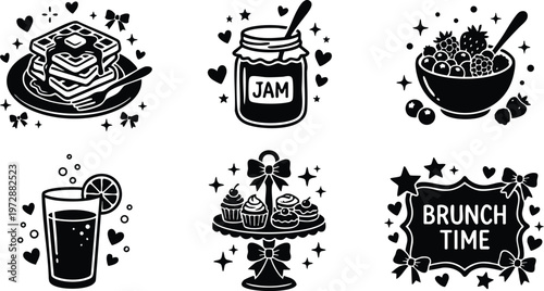 Black and white brunch time lettering with pancakes jam juice cupcakes and berry bowl