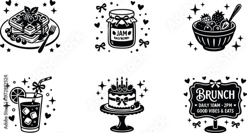 Black and white brunch food icons with waffles cake jam and juice