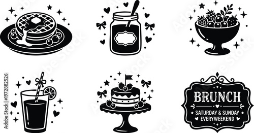 Black and white brunch set with waffle syrup jam fruit bowl juice cake and weekend text label