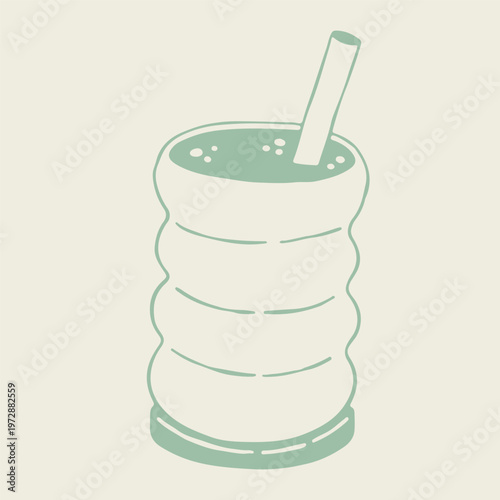 Hand drawn vector of a smoothie in a wavy glass with a drinking straw and bubbly texture. Clean line art illustration of a healthy vegetable or fruit drink for wellness and cafe concepts