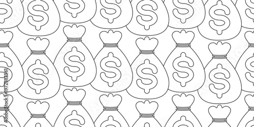 Seamless vector pattern of black outline money bags with dollar symbols on a white background
