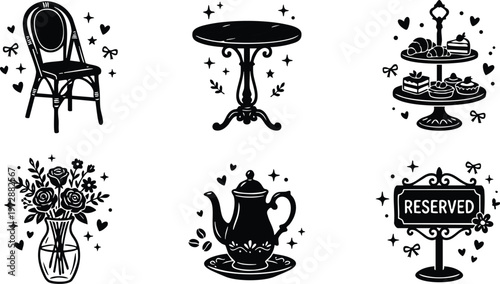 Black and white vintage cafe set with chair table teapot reserved sign and cake stand