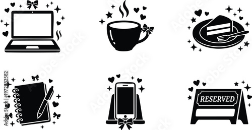 Laptop cup cake notebook pen smartphone and reserved sign icons with hearts and bows