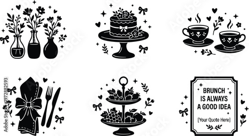 Black and white brunch quote with floral elements cups cake and cutlery vector art