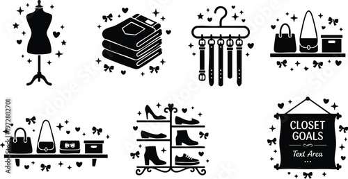 Black and white closet goals text with shoes belts handbags and folded clothes vector art