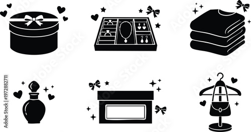 Black and white beauty gift boxes with jewelry perfume towels and handbag icons