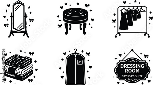 Black and white dressing room icons with ornate mirror and garment rack