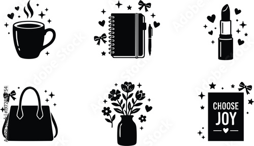 Black and white icons cup notebook lipstick bag flower vase choose joy text