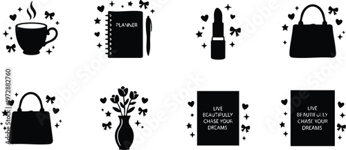 Black silhouette coffee cup planner lipstick handbag vase and motivational quote vector art